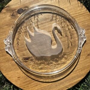 Vintage Smith Swan Platter Serving Tray Round Clear Glass Etched